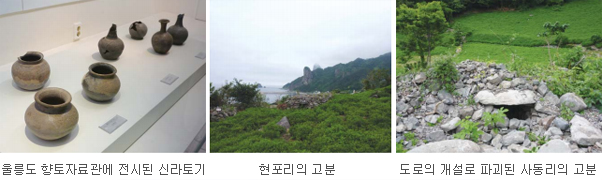 울릉도 향토자료관에 전시된 신라토기 현포리의 고분 도로의 개설로 파괴된 사동리의 고분