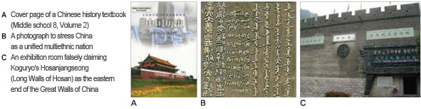 (Picture 1) Cover page of a Chinese history textbook (Middle school 8, Volume 2), (Picture 2) A photograph to stress China as a unified multiethnic nation, (Picture 3) An exhibition room falsely claiming Koguryo's Hosanjangseong (Long Walls of Hosan) as the eastern end of the Great Walls of China