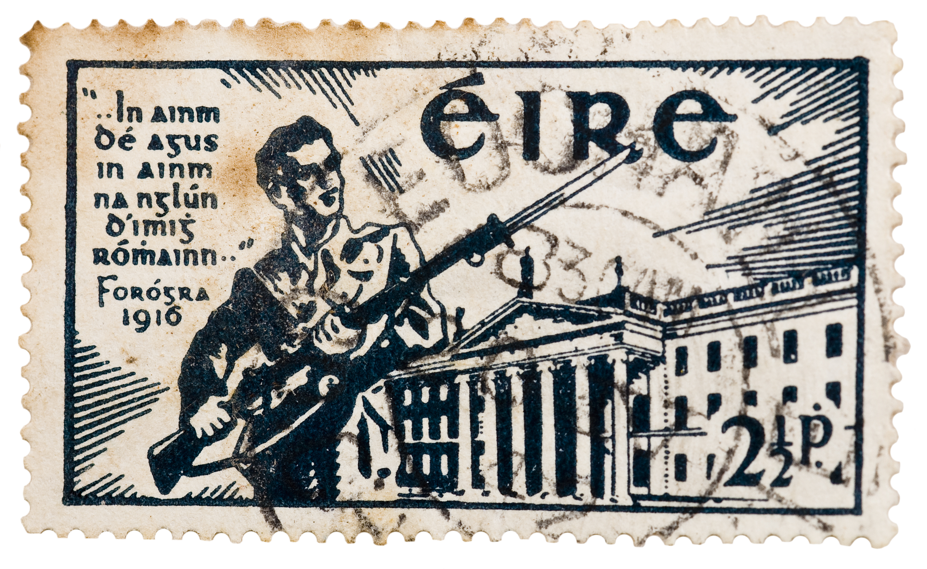 One stamp commemorating the Easter Rising issued in 1941. There is the General Post Office, occupied by the Irish Volunteers and used as the General Headquarters. (출처 : National Library of Ireland on The Commons)