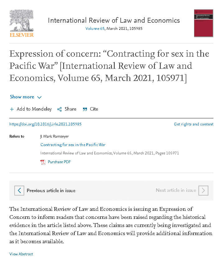 Ramseyer's paper, which was released on the website of 「International Review of Law and Economics」. An 'Expression of Concert' is shown to inform that there is a question raised about historical evidence. The Journal said it had given Ramseyer a chance to vindicate by the end of March. However, scholars criticized the journal for using tricks to delay a withdrawal of his paper.